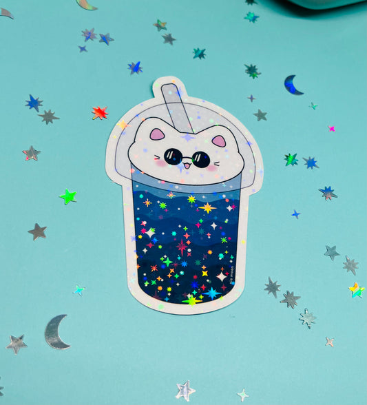 cat boba gleaming holographic sticker